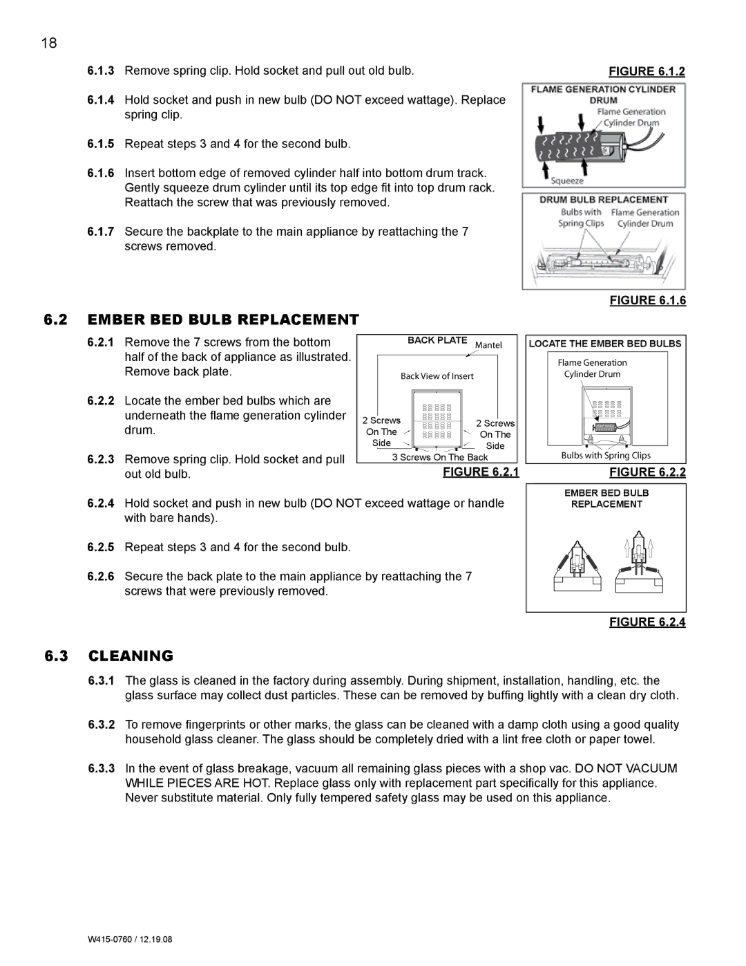 Napoleon Fireplaces EF30G manual Ember bed bulb replacement, Cleaning 