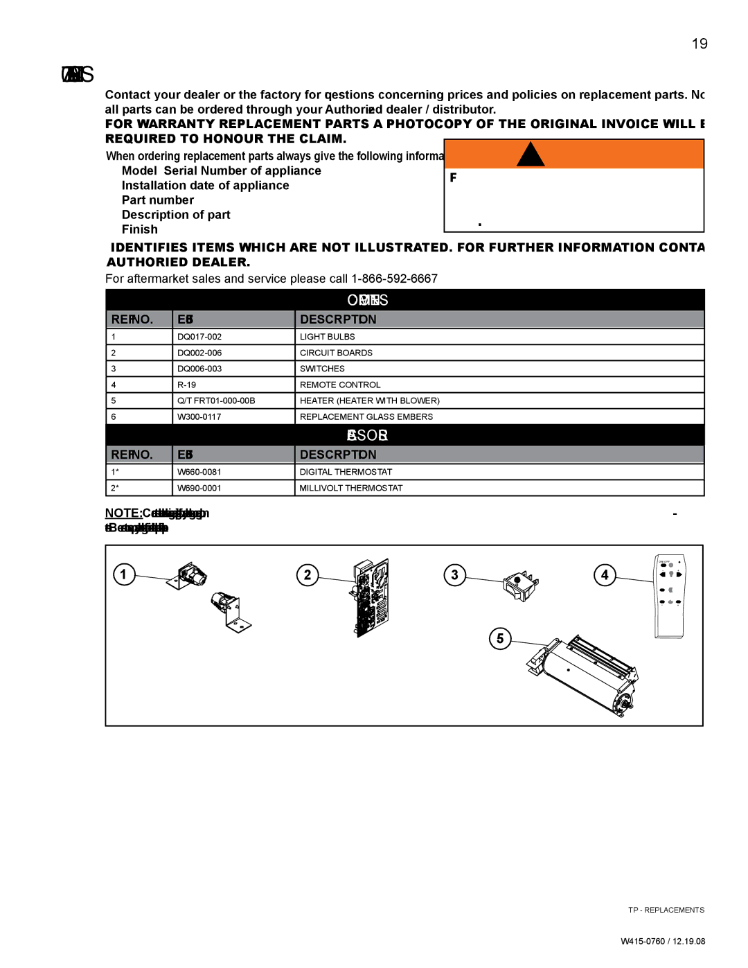 Napoleon Fireplaces EF30G manual Replacements, Required to Honour the Claim, REF no EF30S Description 