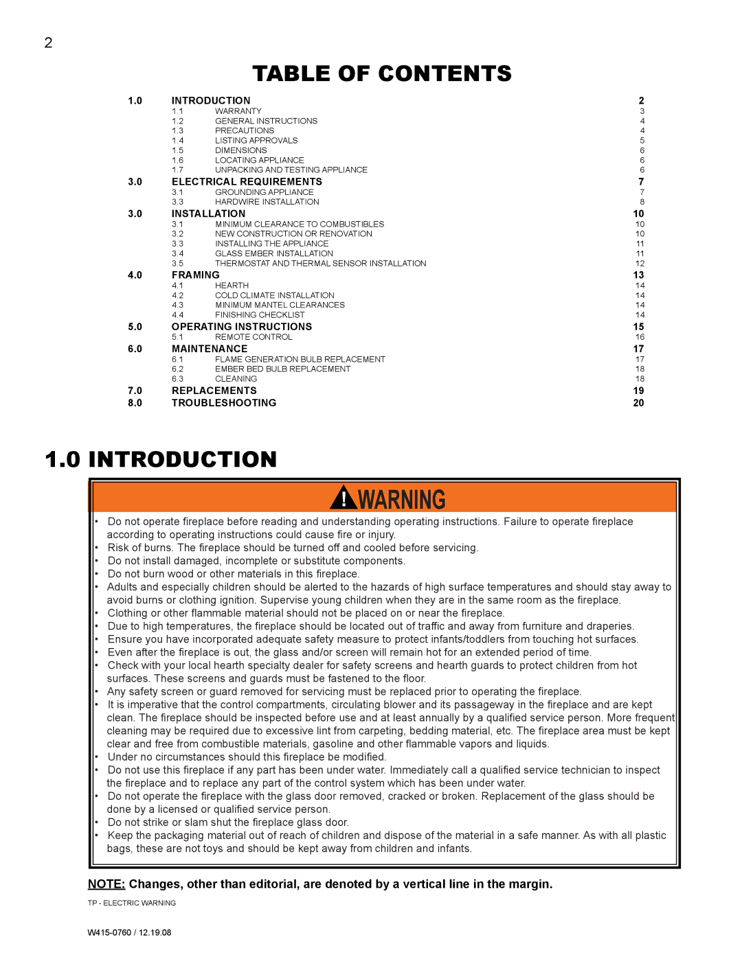 Napoleon Fireplaces EF30G manual Table of contents, Introduction 