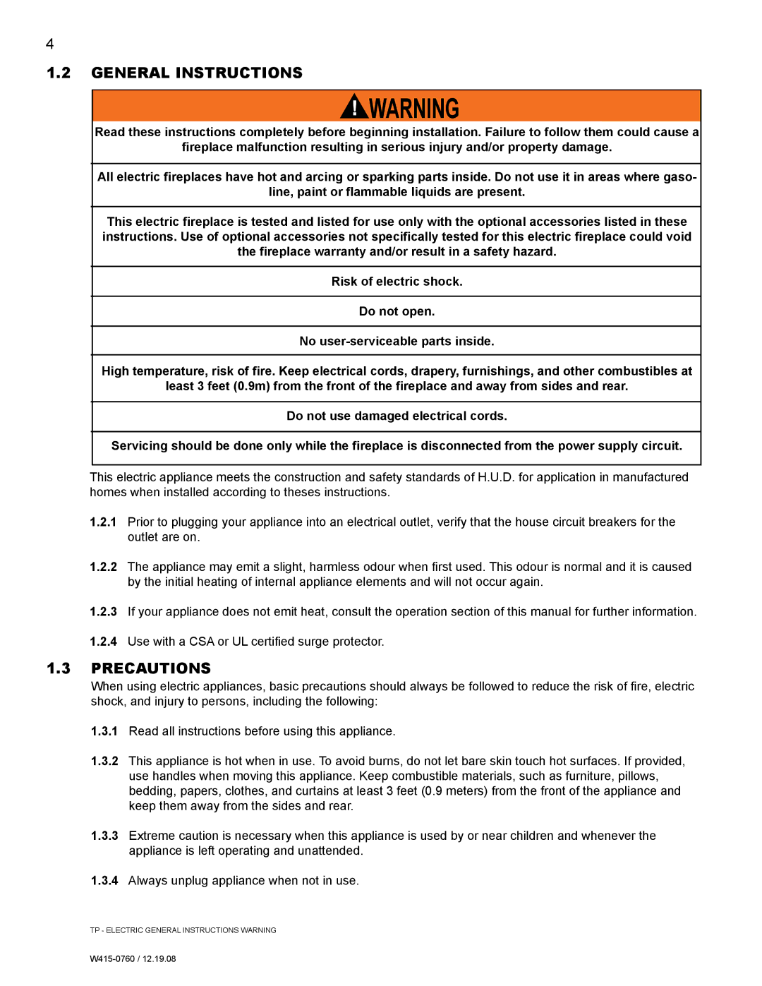 Napoleon Fireplaces EF30G manual General instructions, Precautions 