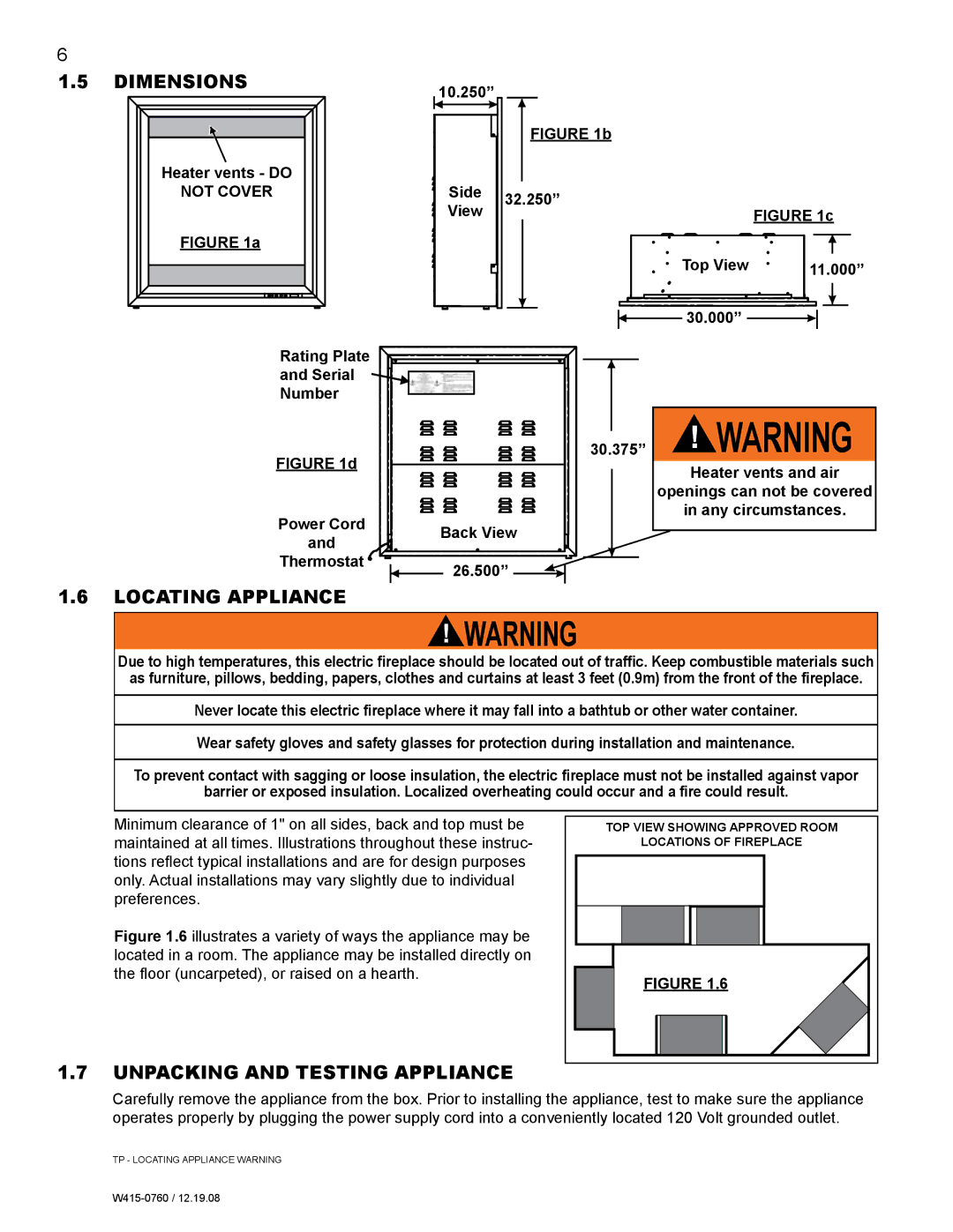 Napoleon Fireplaces EF30G manual Dimensions, Locating appliance, Unpacking and testing appliance, Not Cover 