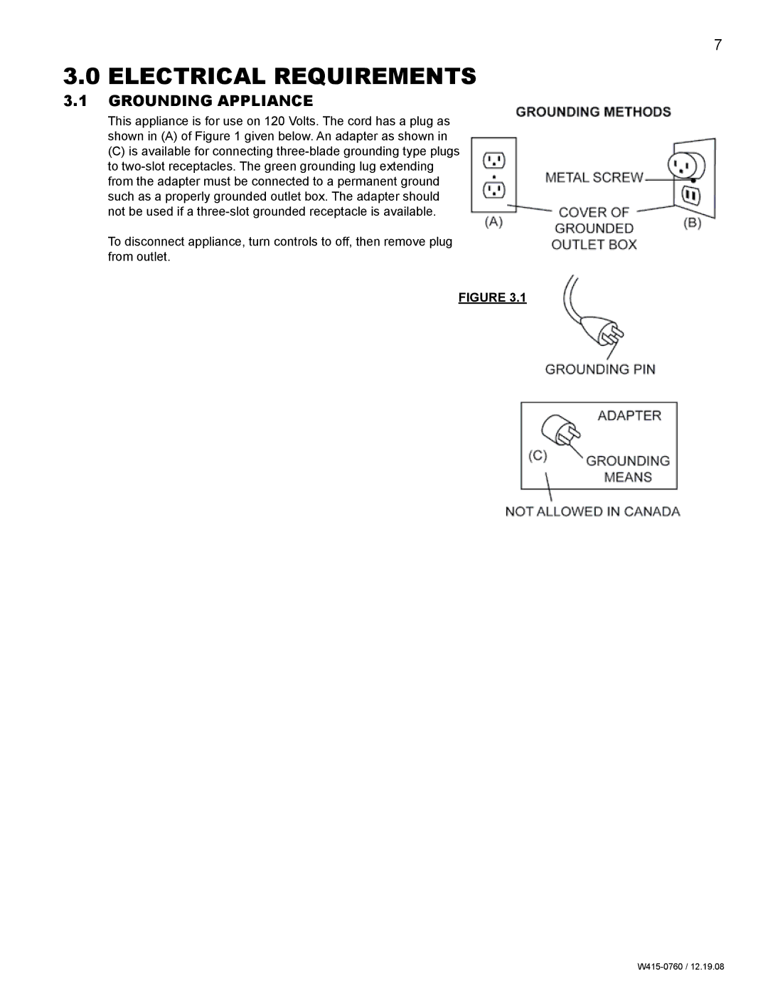 Napoleon Fireplaces EF30G manual Electrical requirements, Grounding appliance 