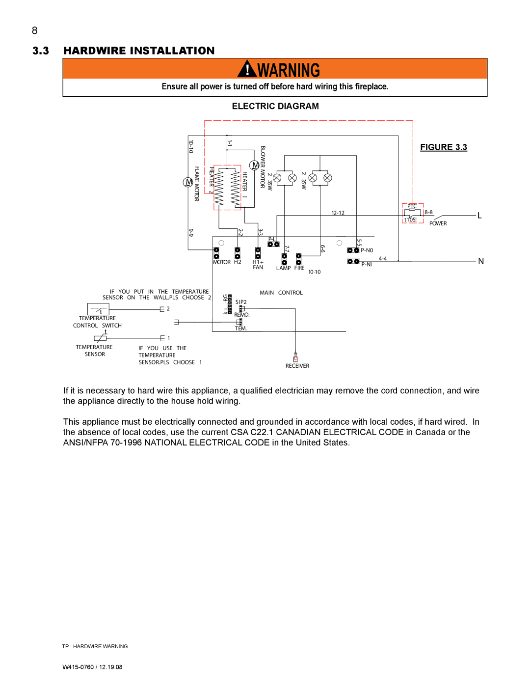 Napoleon Fireplaces EF30G manual Hardwire installation, Electric Diagram 