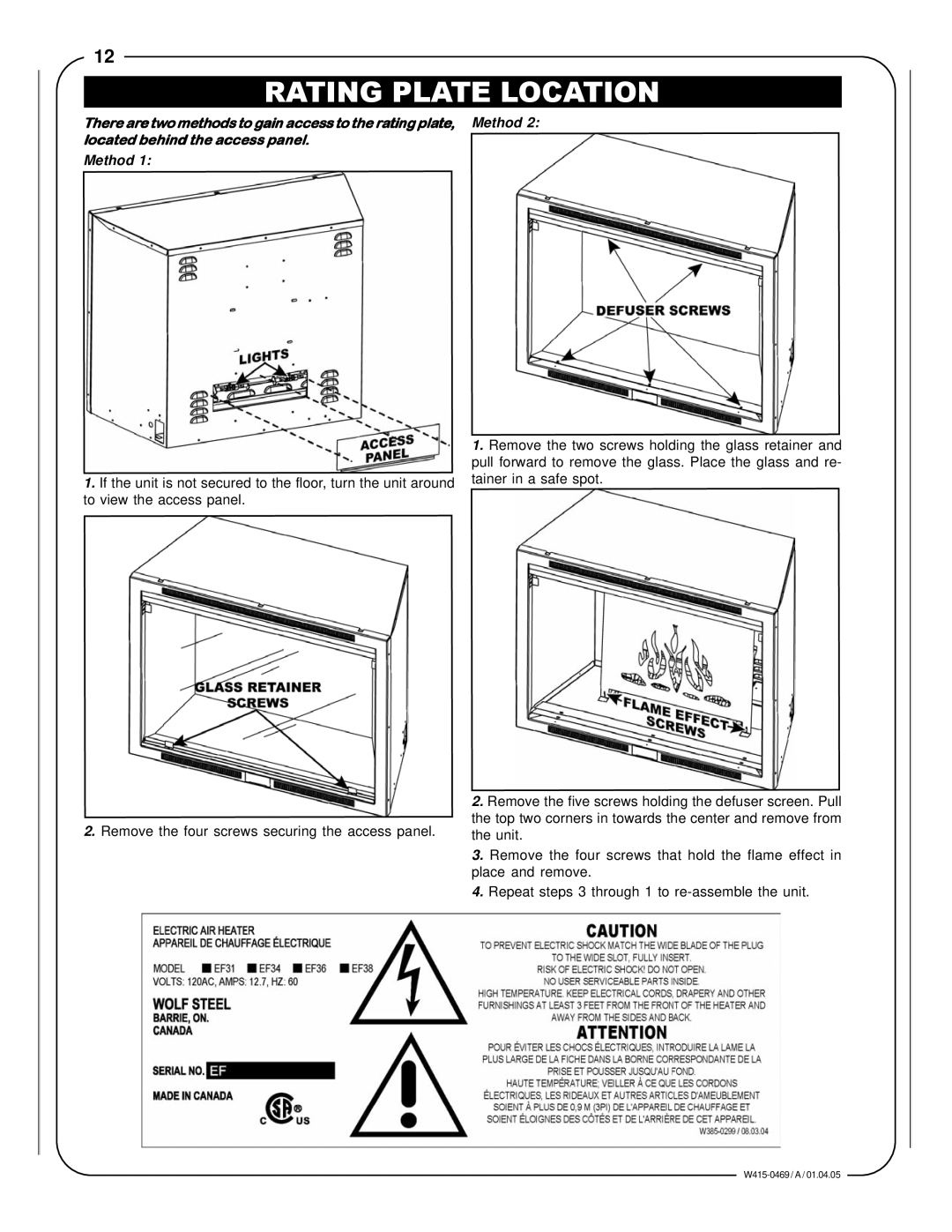 Napoleon Fireplaces EF31H manual Rating Plate Location, Method 