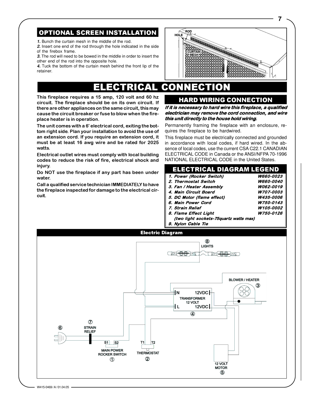 Napoleon Fireplaces EF31H manual Electrical Connection, Optional Screen Installation, Hard Wiring Connection 