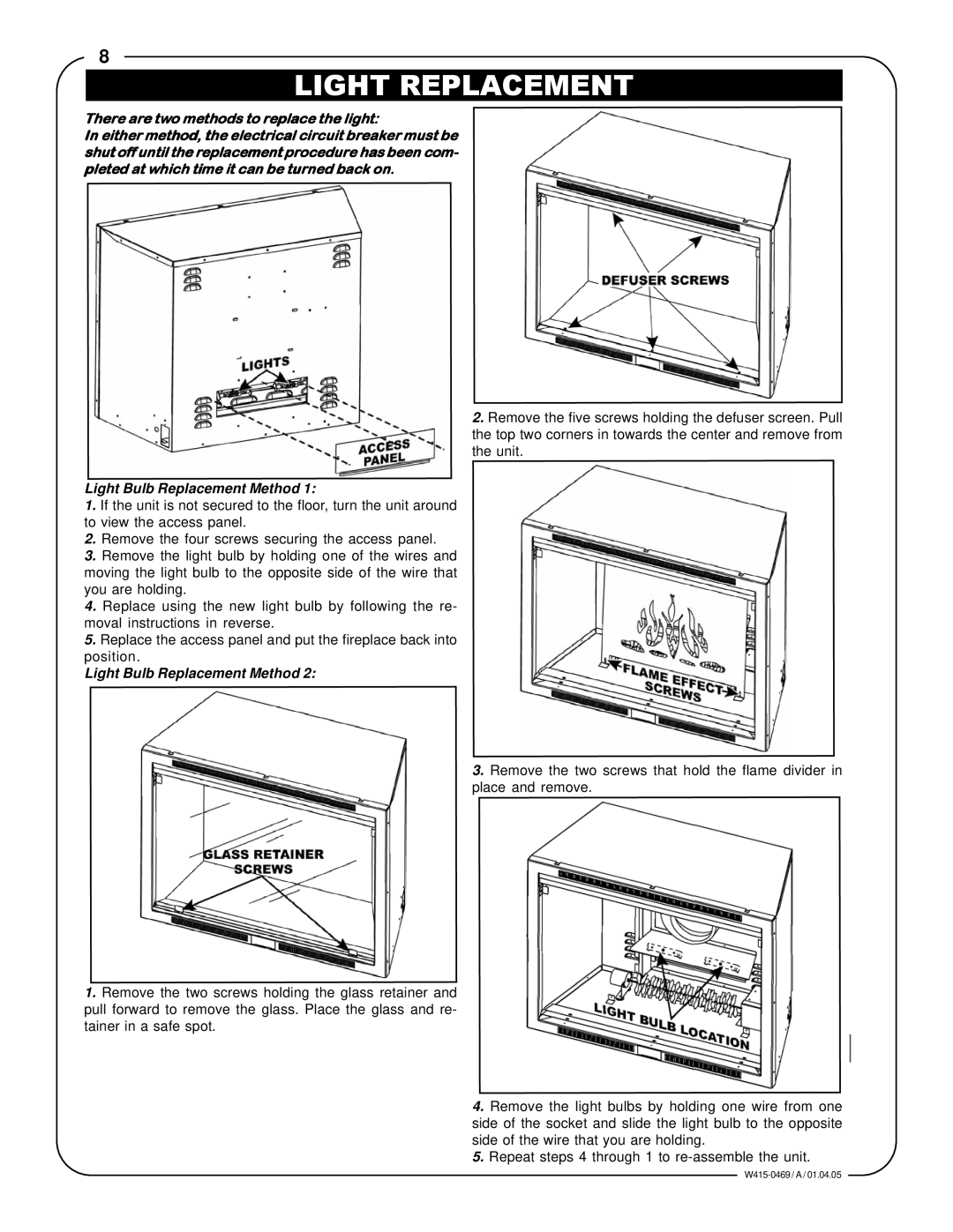 Napoleon Fireplaces EF31H manual Light Replacement, Light Bulb Replacement Method 