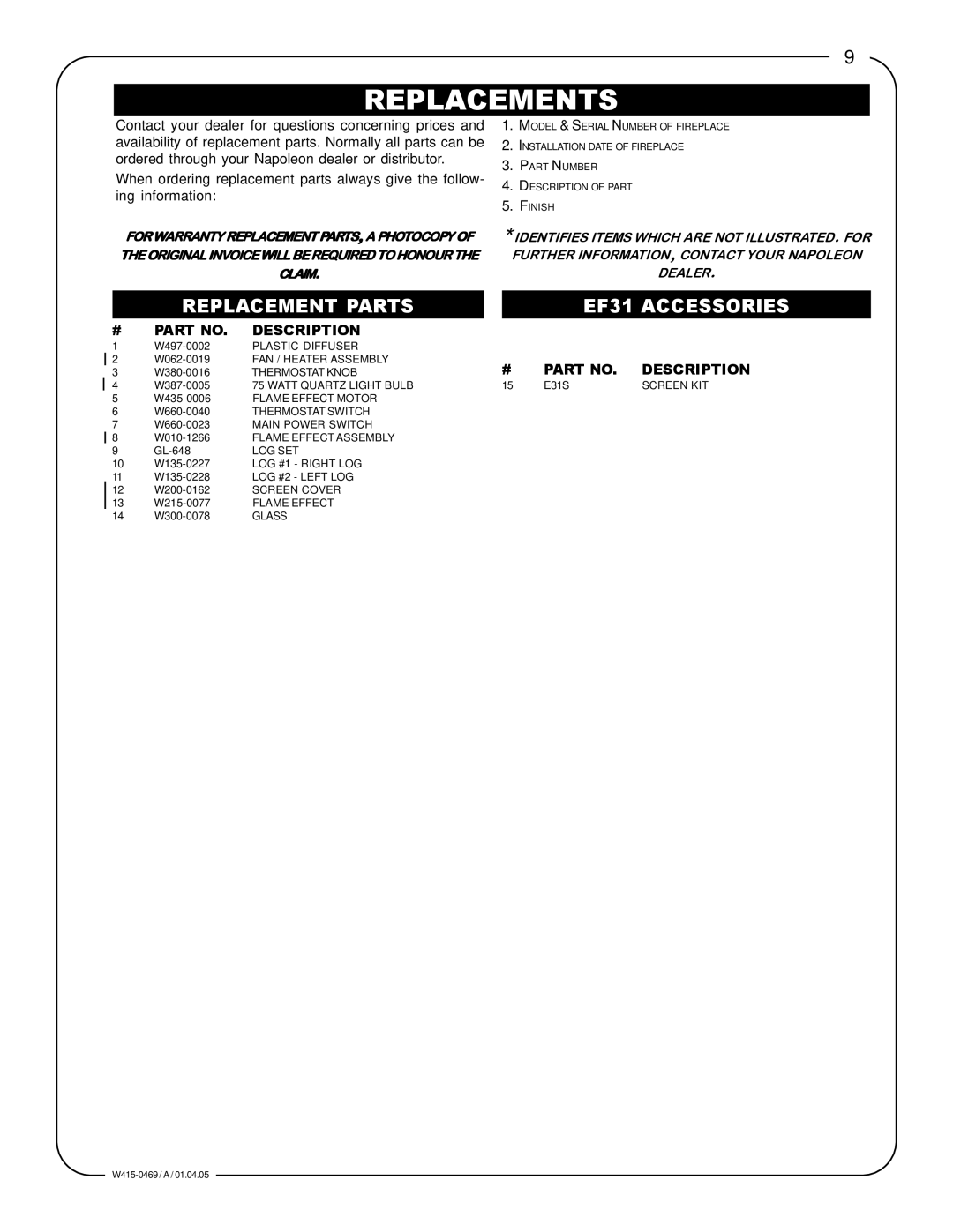 Napoleon Fireplaces EF31H manual Replacements, Replacement Parts, EF31 Accessories 