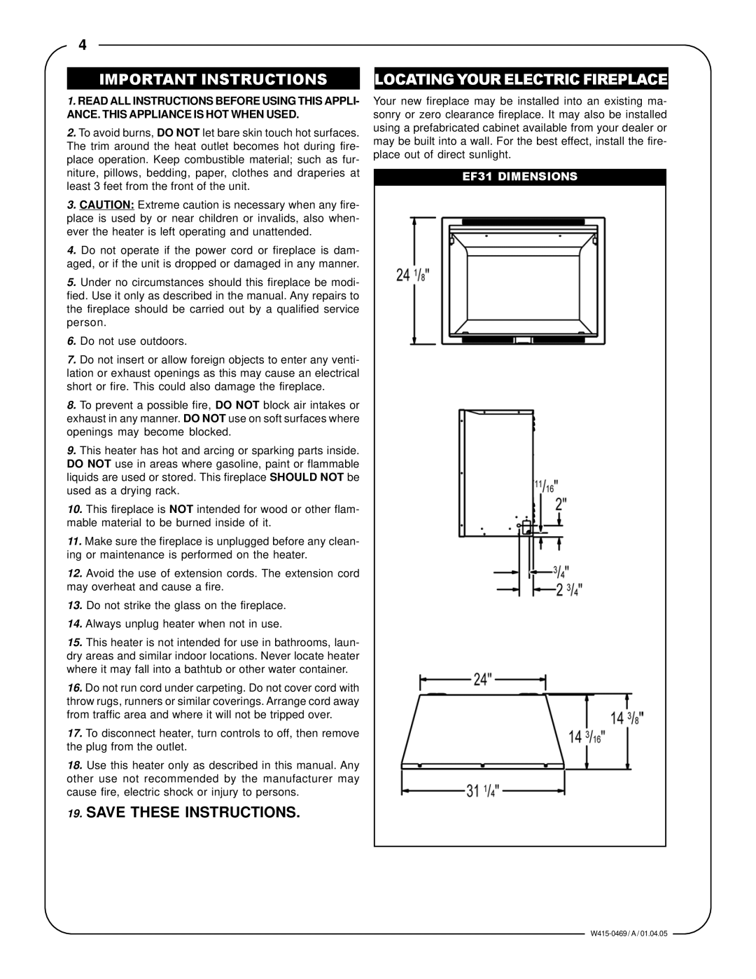 Napoleon Fireplaces EF31H manual Important Instructions, Locatingyour Electric Fireplace, Save These Instructions 