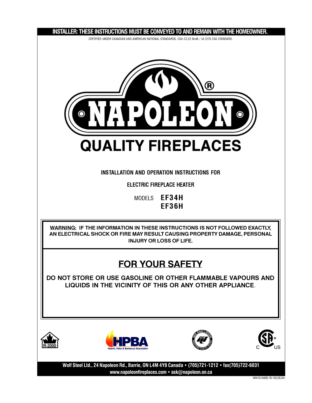 Napoleon Fireplaces EF36H manual W415-0544 /10.31.05 