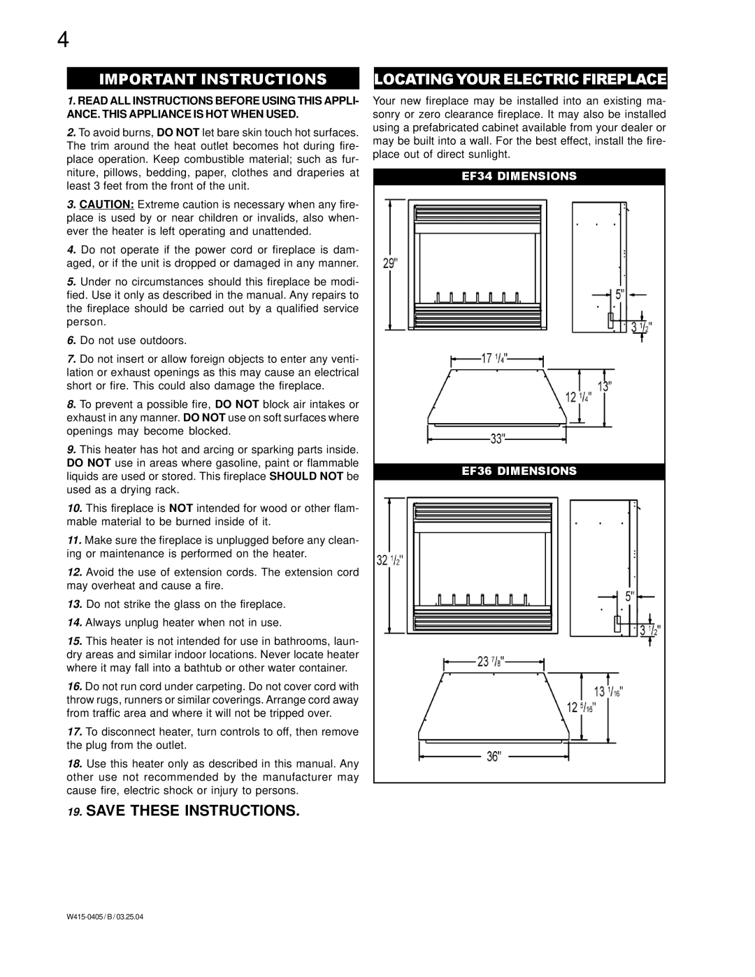 Napoleon Fireplaces EF34H, EF36H manual Important Instructions, Locatingyour Electric Fireplace, Save These Instructions 