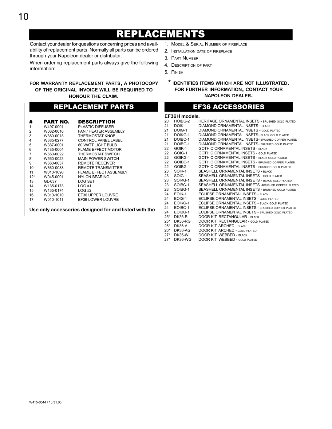 Napoleon Fireplaces EF36H manual Replacements, Replacement Parts, EF36 Accessories 