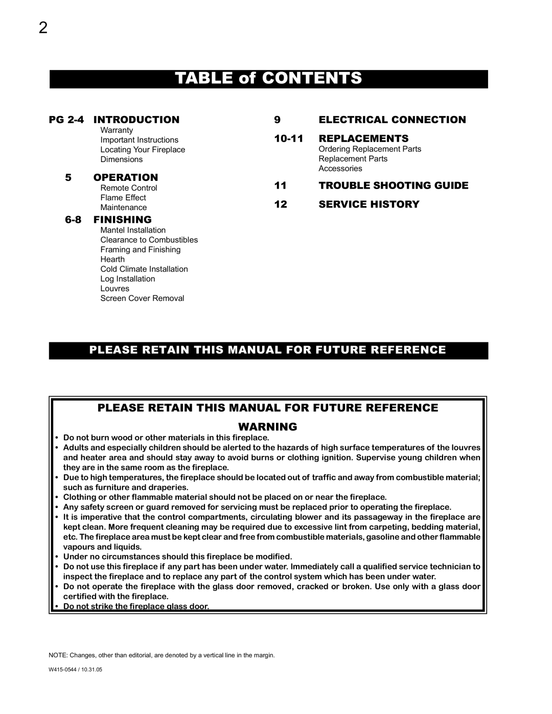 Napoleon Fireplaces EF36H manual Table of Contents 