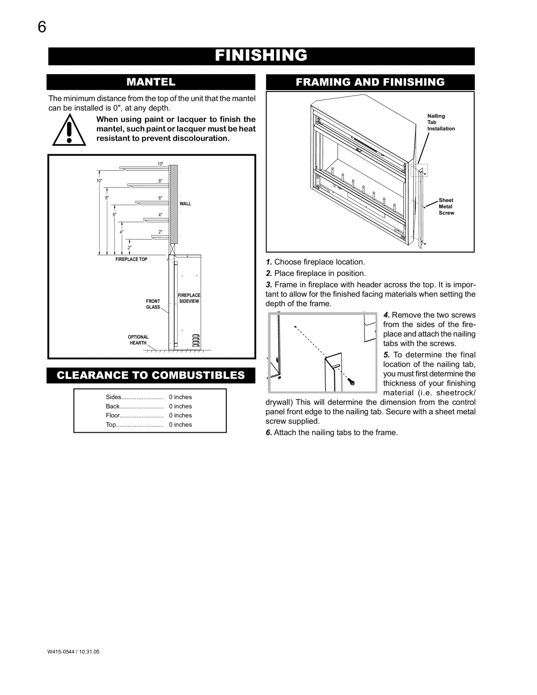 Napoleon Fireplaces EF36H manual Mantel Framing and Finishing, Clearance to Combustibles 