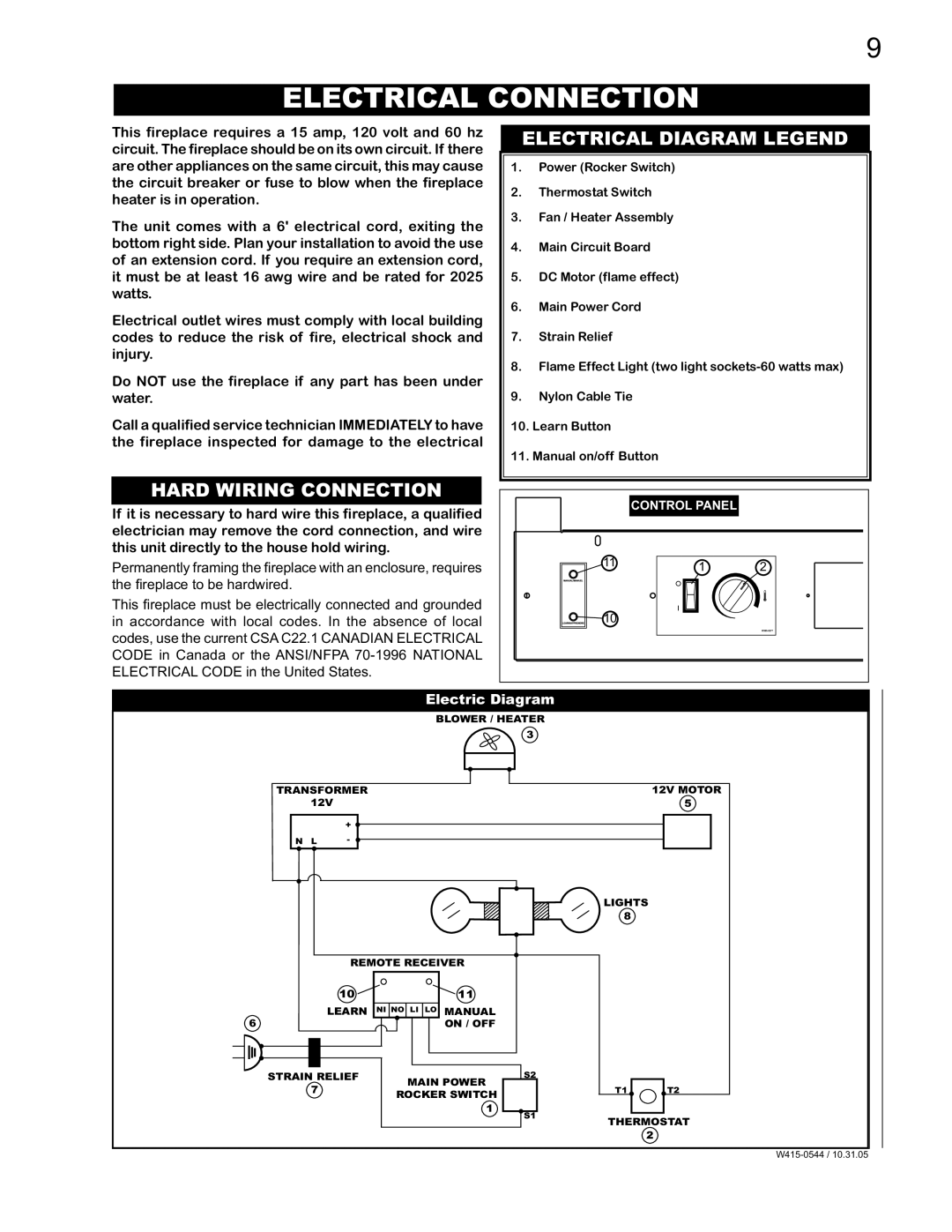 Napoleon Fireplaces EF36H manual Electrical Connection, Electrical Diagram Legend, Hard Wiring Connection 