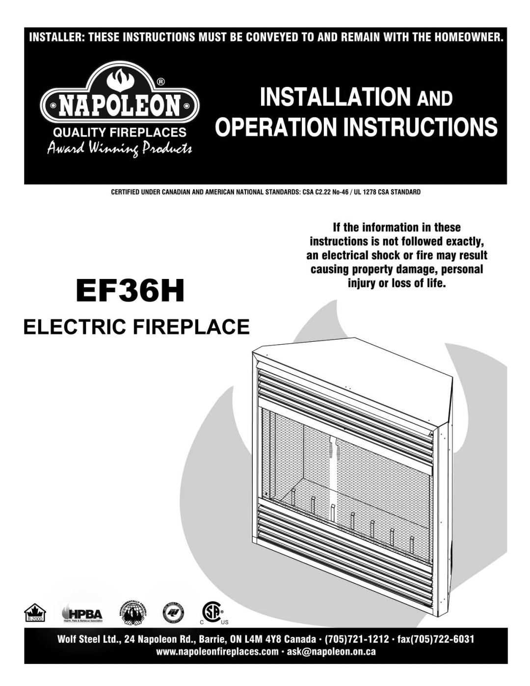 Napoleon Fireplaces EF36H, EF34H manual For Your Safety 