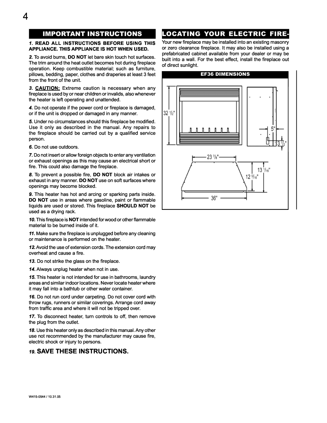Napoleon Fireplaces EF36H Important Instructions, Locating Your Electric Fire, Save These Instructions, EF36 DIMENSIONS 