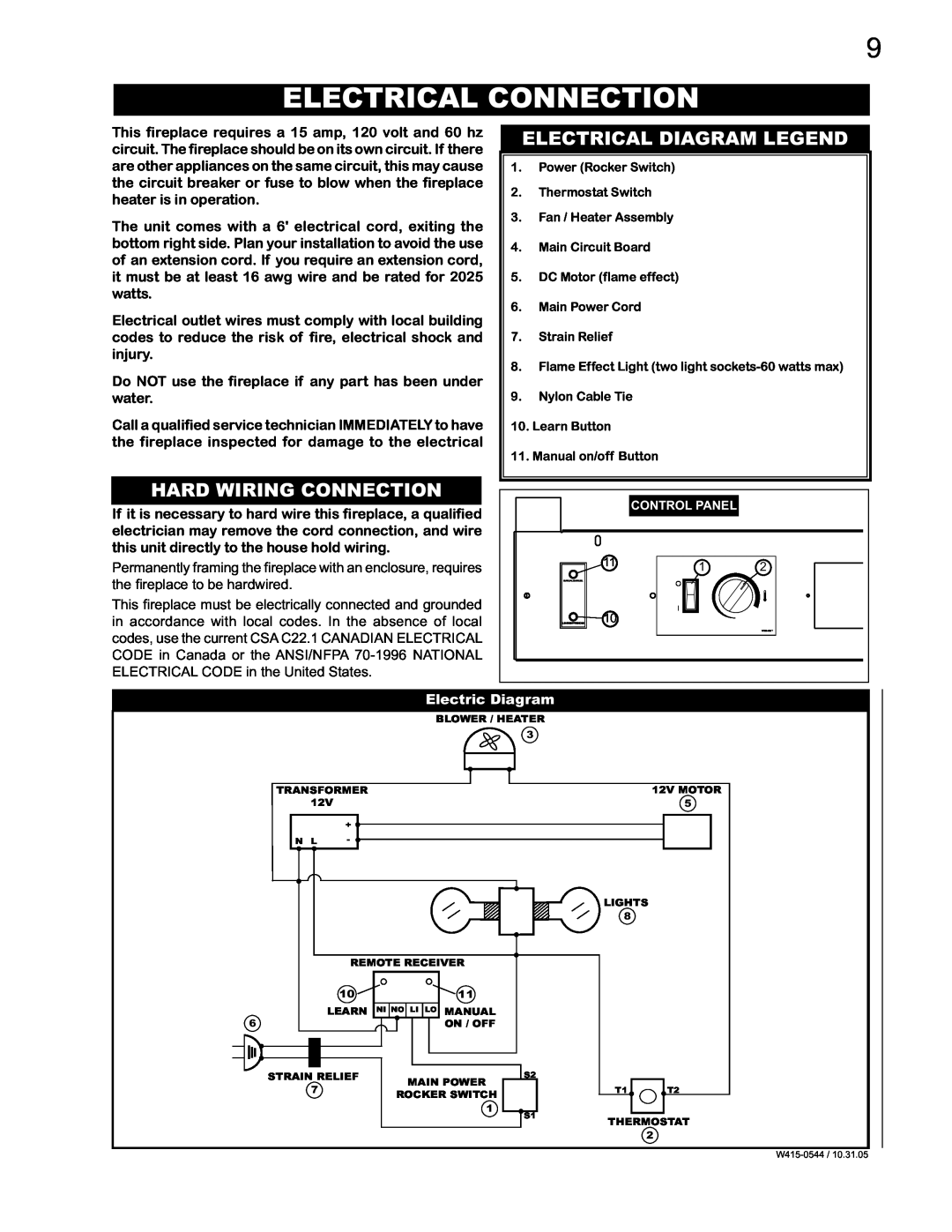 Napoleon Fireplaces EF36H manual Electrical Connection, Electrical Diagram Legend, Hard Wiring Connection, Electric Diagram 