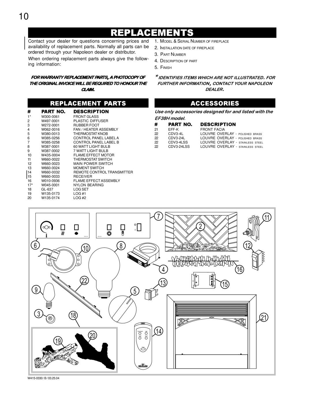 Napoleon Fireplaces EF38H manual Replacements, Replacement Parts Accessories 