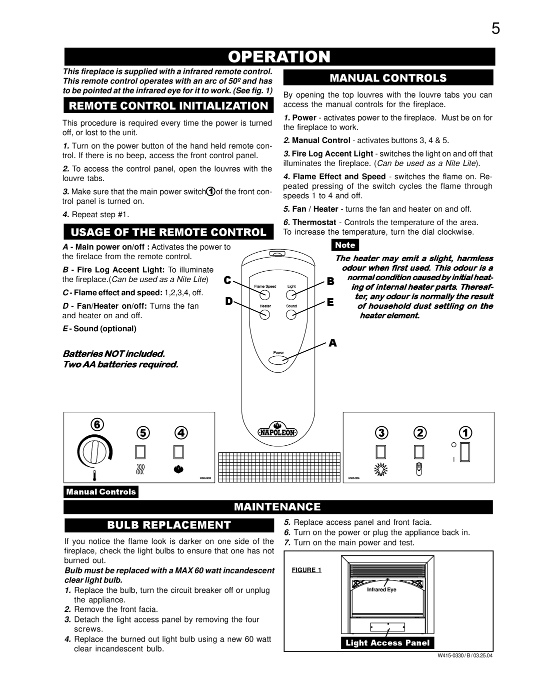Napoleon Fireplaces EF38H manual Operation, Remote Control Initialization, Usage of the Remote Control, Manual Controls 