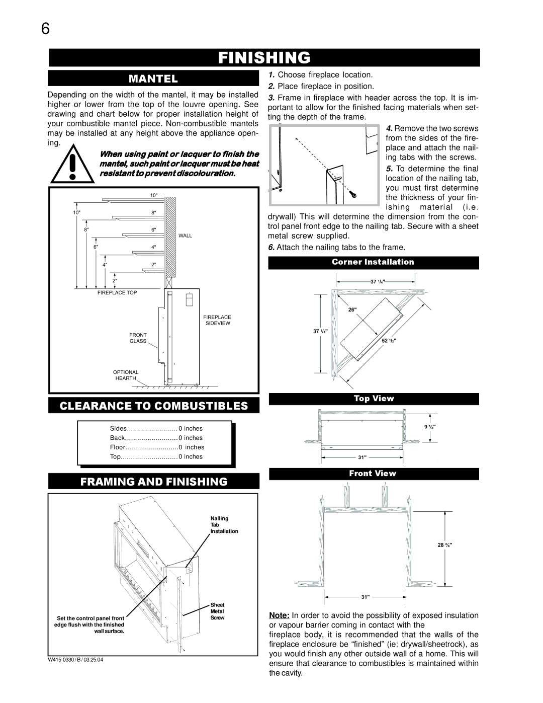 Napoleon Fireplaces EF38H manual Mantel, Clearance to Combustibles, Framing and Finishing 