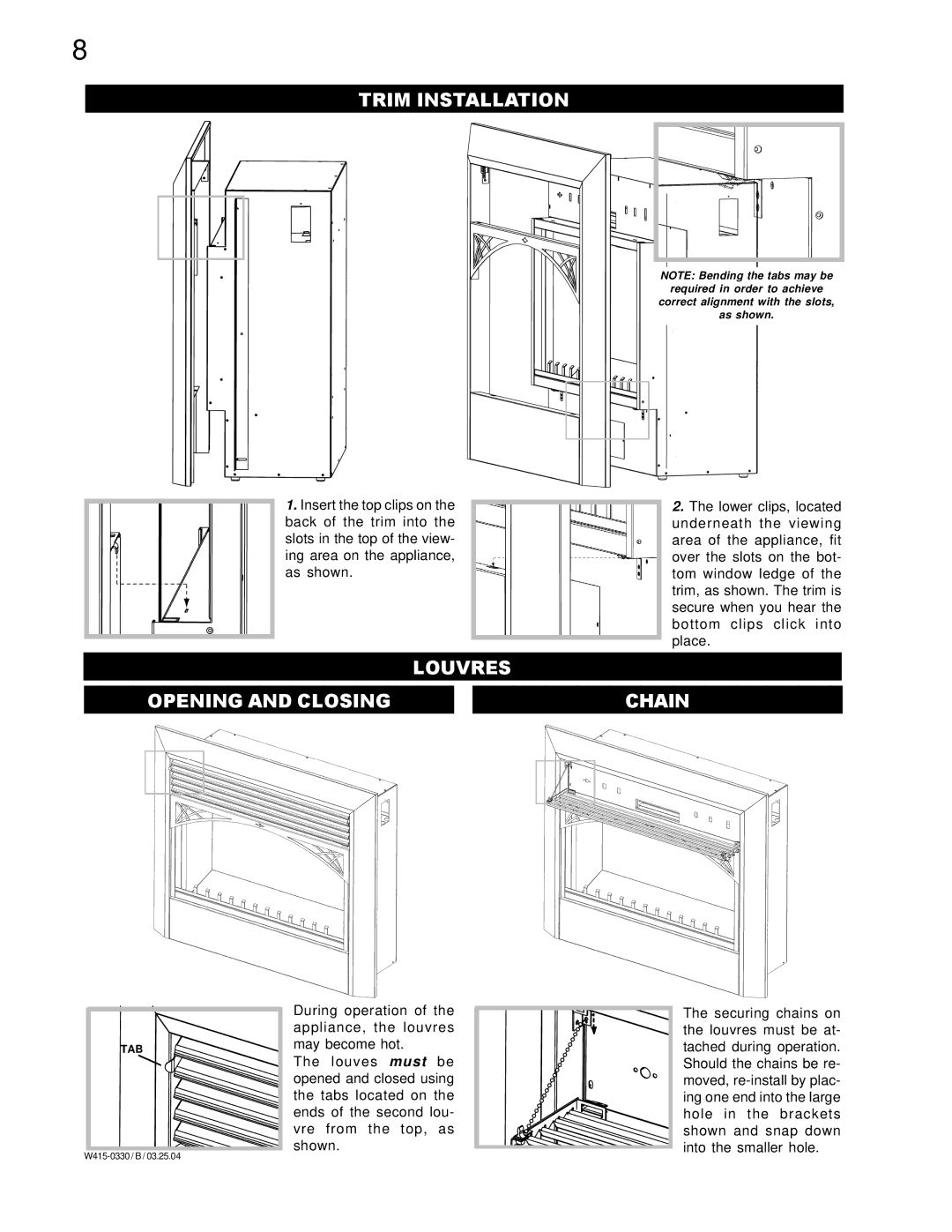 Napoleon Fireplaces EF38H manual Trim Installation, Louvres Opening and Closing Chain 