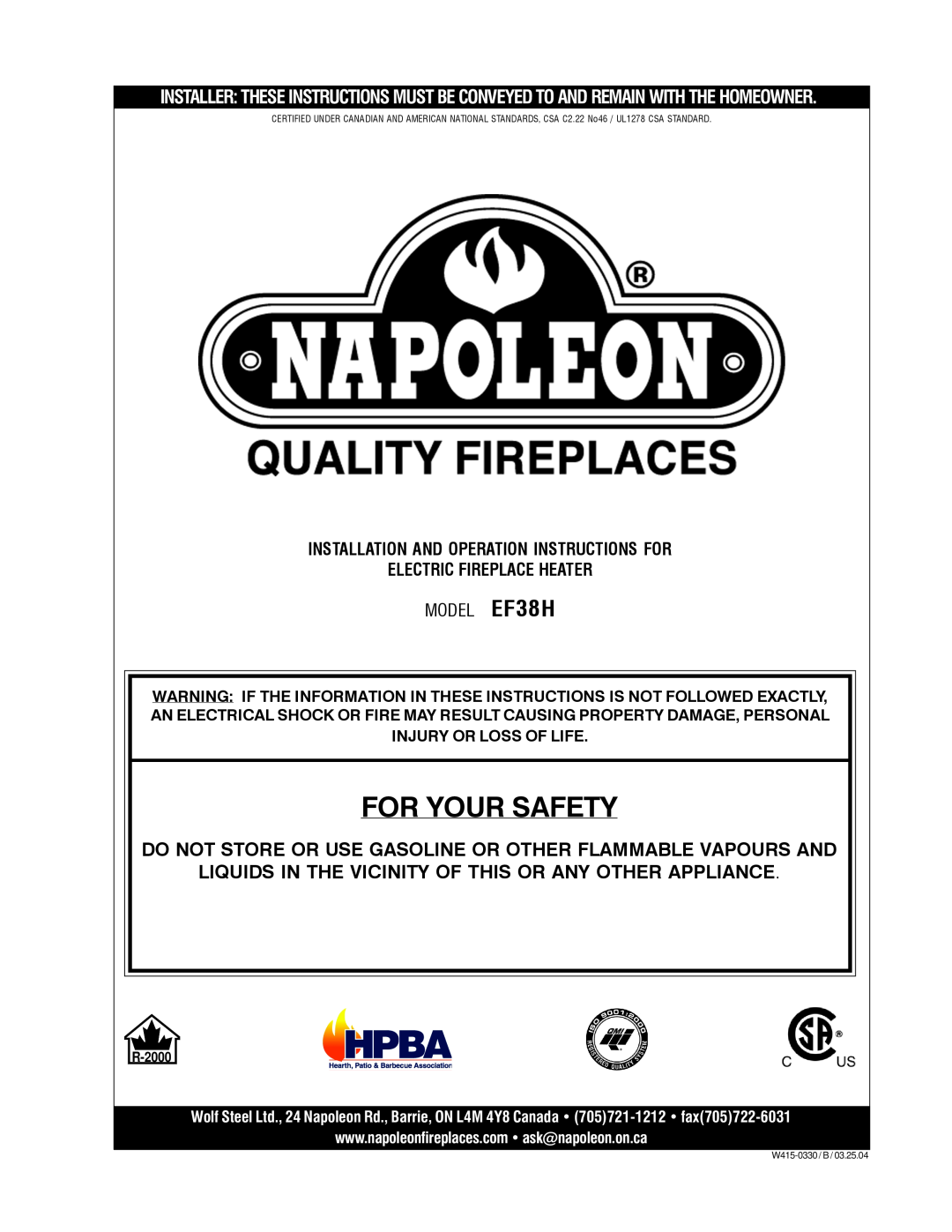 Napoleon Fireplaces EF38H manual For Your Safety, Installation And Operation Instructions For 