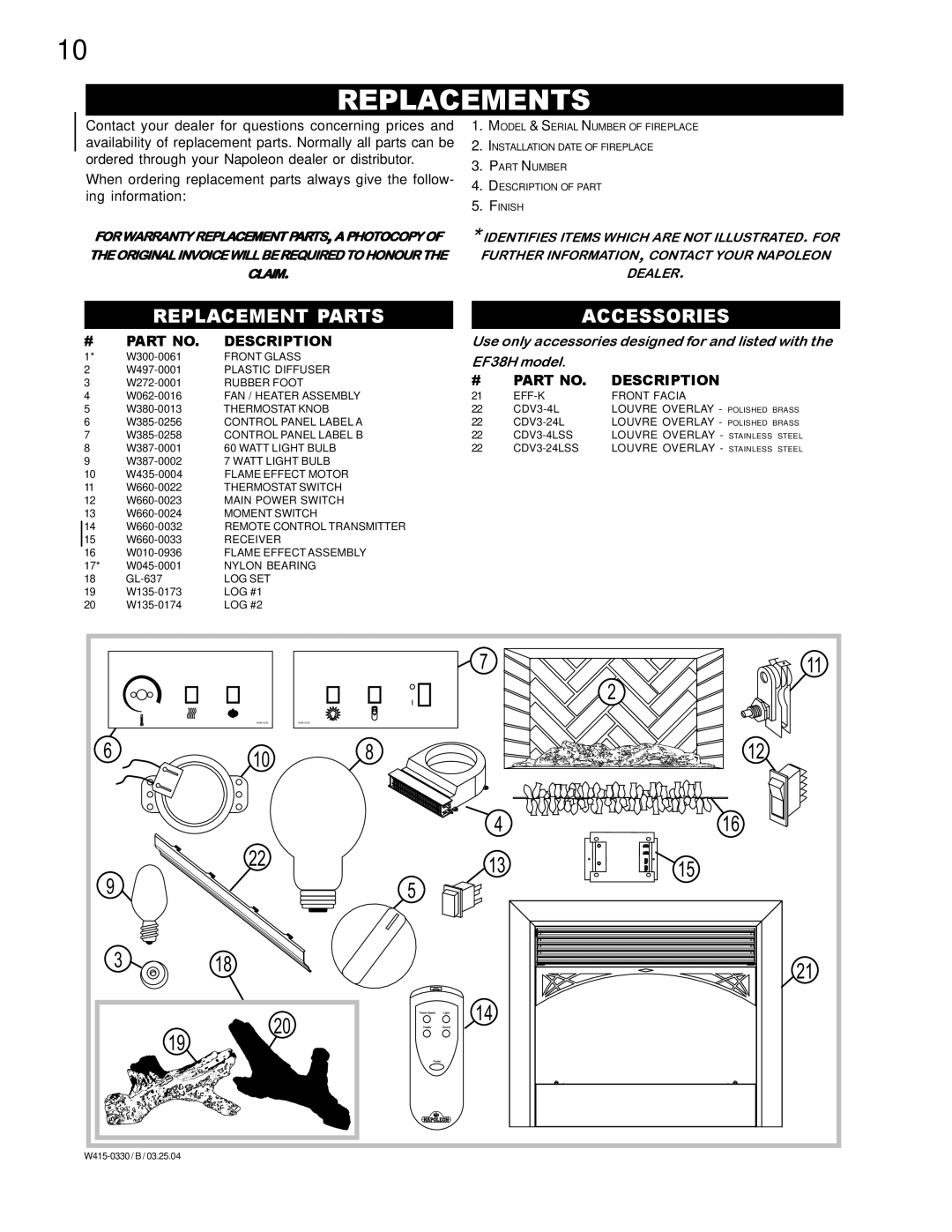 Napoleon Fireplaces EF38H manual Replacements, Replacement Parts, Accessories 