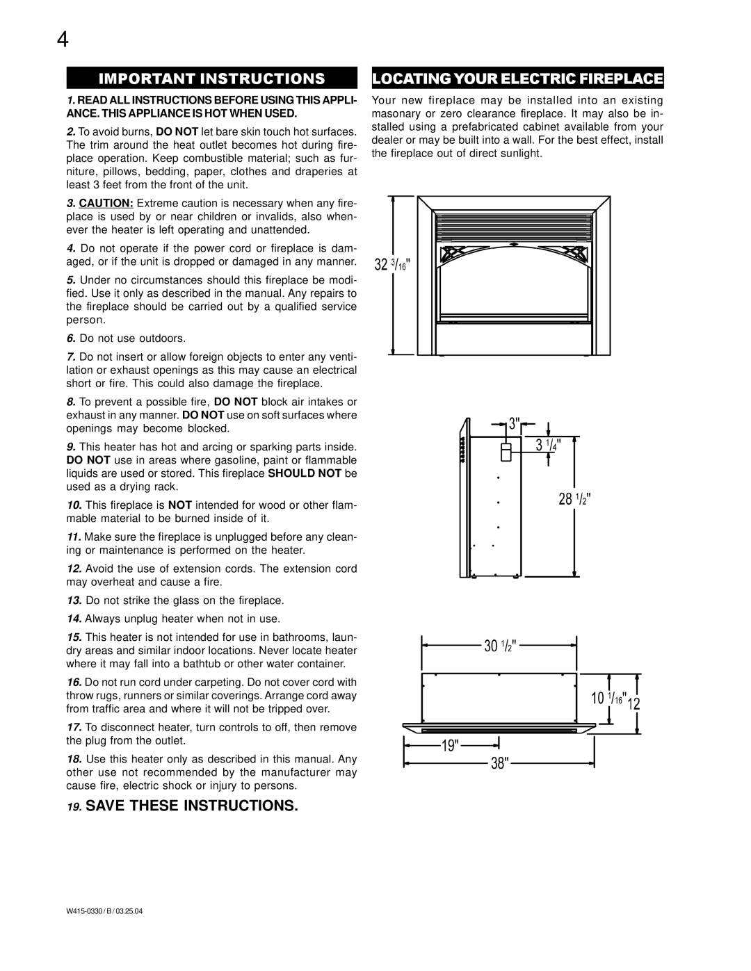 Napoleon Fireplaces EF38H manual Important Instructions, Locatingyour Electric Fireplace, Save These Instructions 