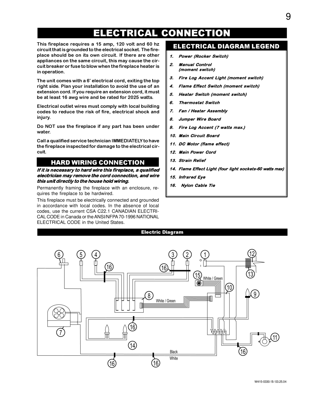 Napoleon Fireplaces EF38H manual Electrical Connection, Hard Wiring Connection, Electrical Diagram Legend 
