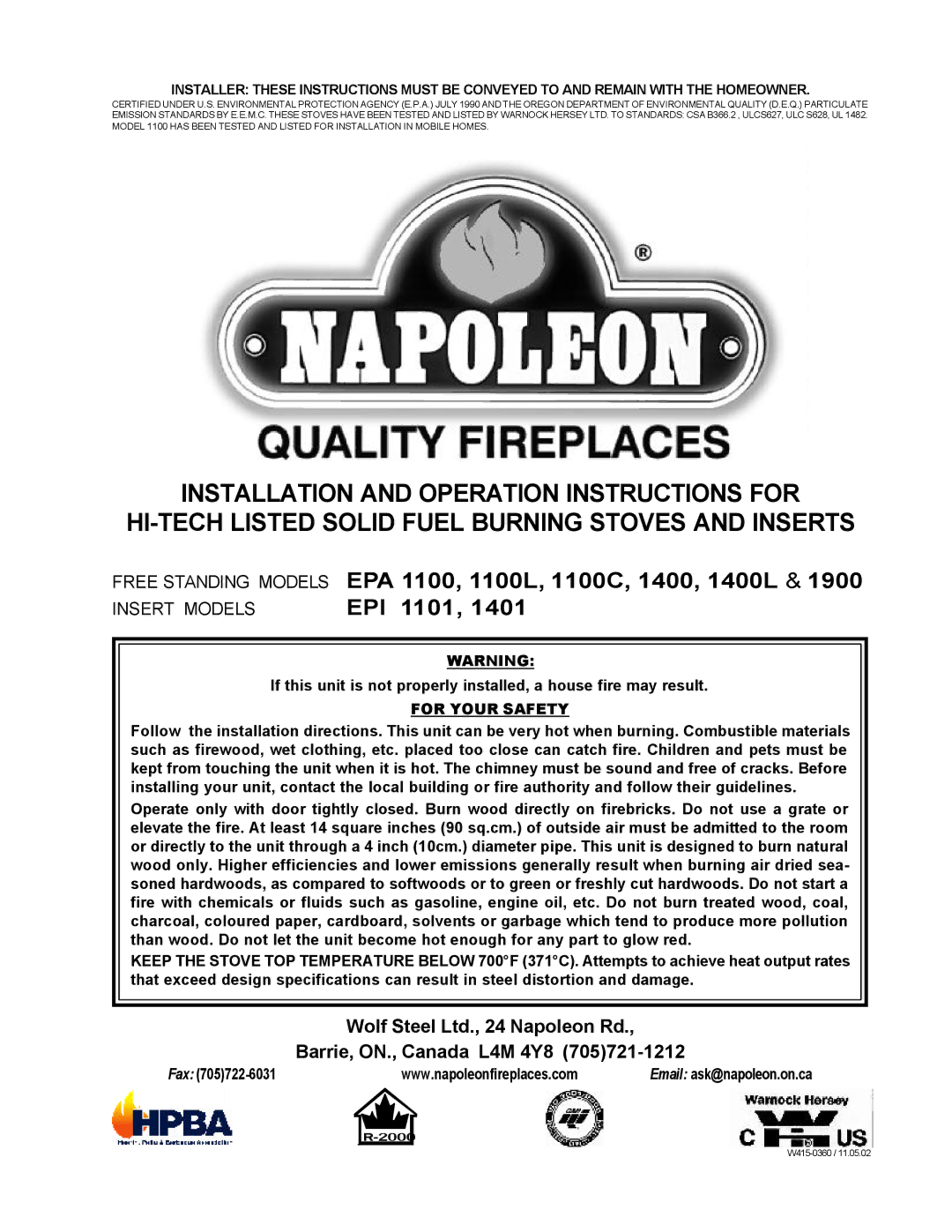 Napoleon Fireplaces EPA 1100C, EPA 1100L specifications EPA 1100, 1100L, 1100C, 1400, 1400L EPI 1101, For Your Safety 