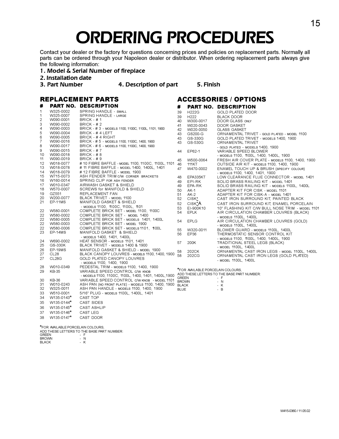 Napoleon Fireplaces EPA 1900, EPA 1100L, EPA 1100C, EPA 1400, EPI 1401, EPI 1101 Replacement Parts, Accessories / Options 