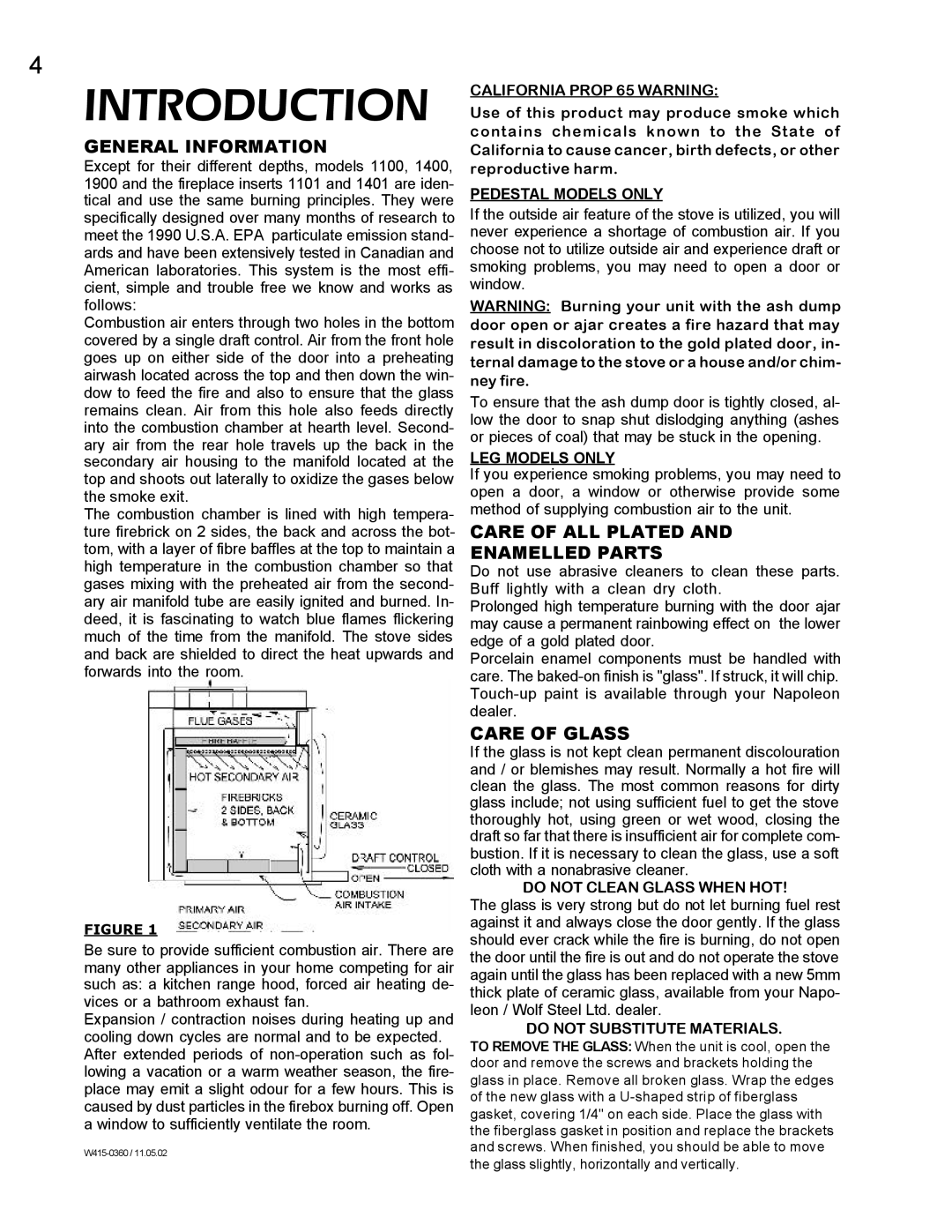 Napoleon Fireplaces EPI 1101 Introduction, General Information, Care of ALL Plated Enamelled Parts, Care of Glass 