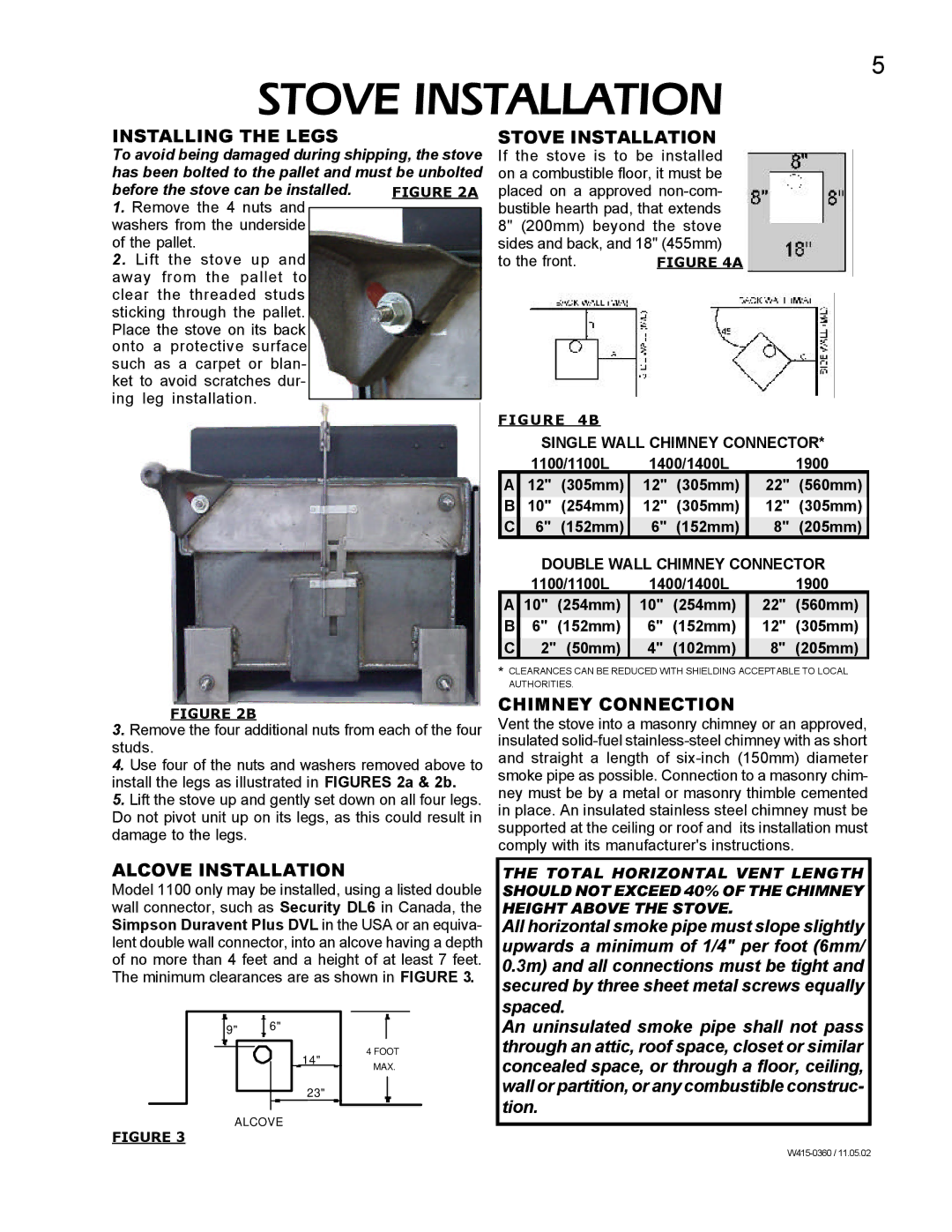 Napoleon Fireplaces EPA 1100L Stove Installation, Installing the Legs, Alcove Installation, Chimney Connection 