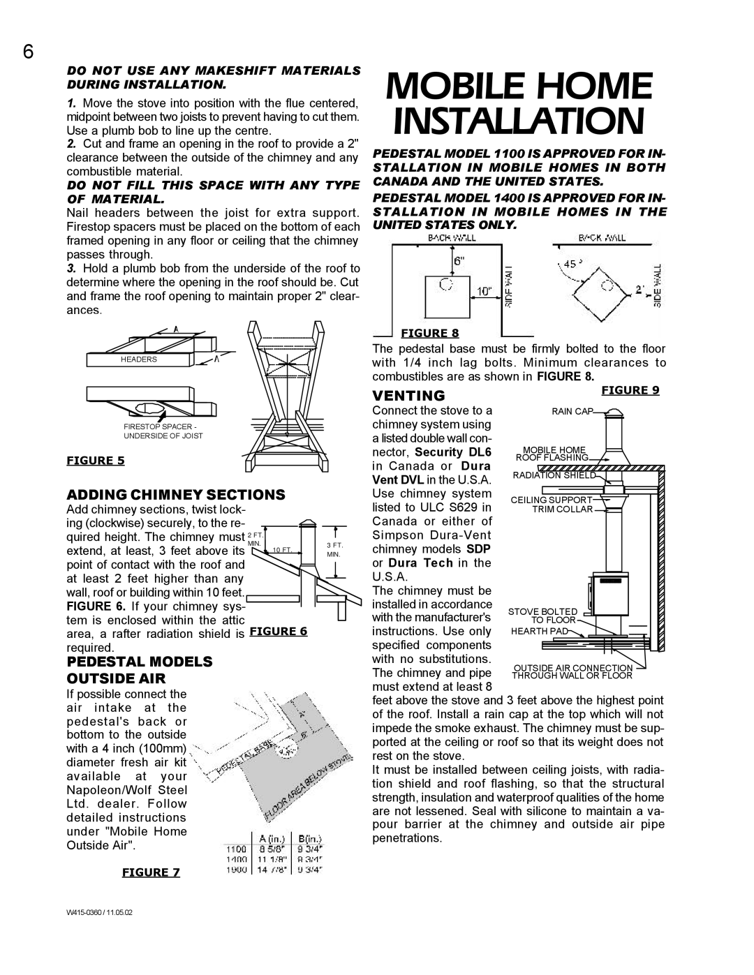 Napoleon Fireplaces EPA 1400L Mobile Home Installation, Adding Chimney Sections, Venting, Pedestal Models Outside AIR 