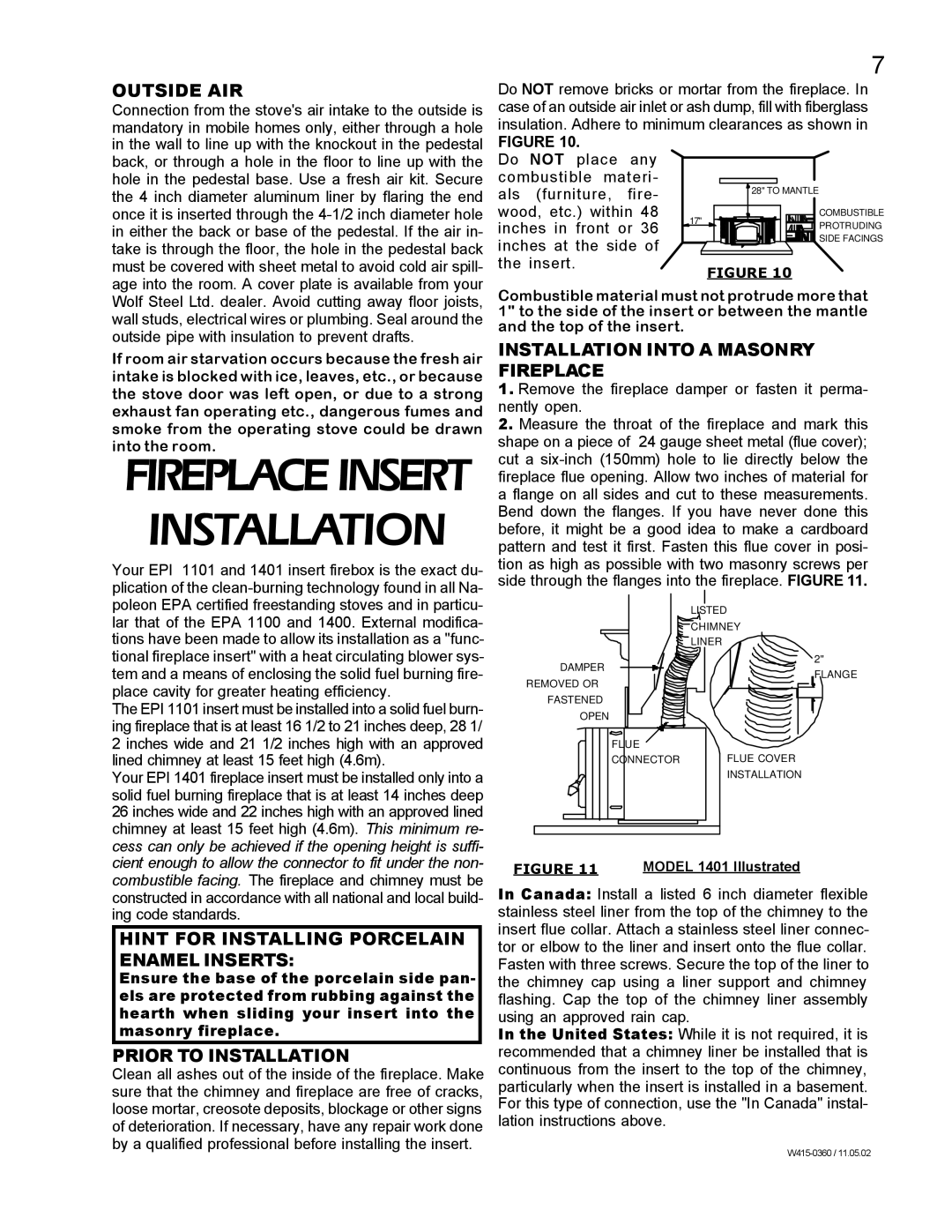 Napoleon Fireplaces EPA 1900, EPA 1100L, EPA 1100C Installation, Outside AIR, Hint for Installing Porcelain Enamel Inserts 