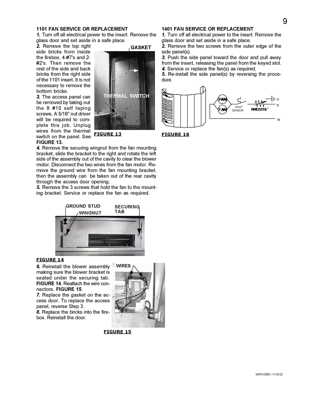 Napoleon Fireplaces EPA 1100C, EPA 1100L, EPI 1401, EPI 1101, EPA 1400L, EPA 1900 specifications FAN Service or Replacement 