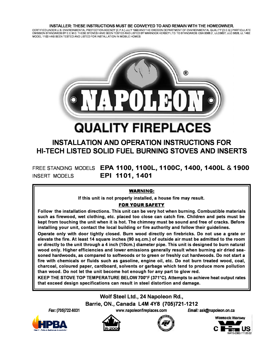 Napoleon Fireplaces EPA 1100C specifications EPA 1100, 1100L, 1100C, 1400, 1400L & EPI, Barrie, ON., Canada L4M 4Y8, Fax 