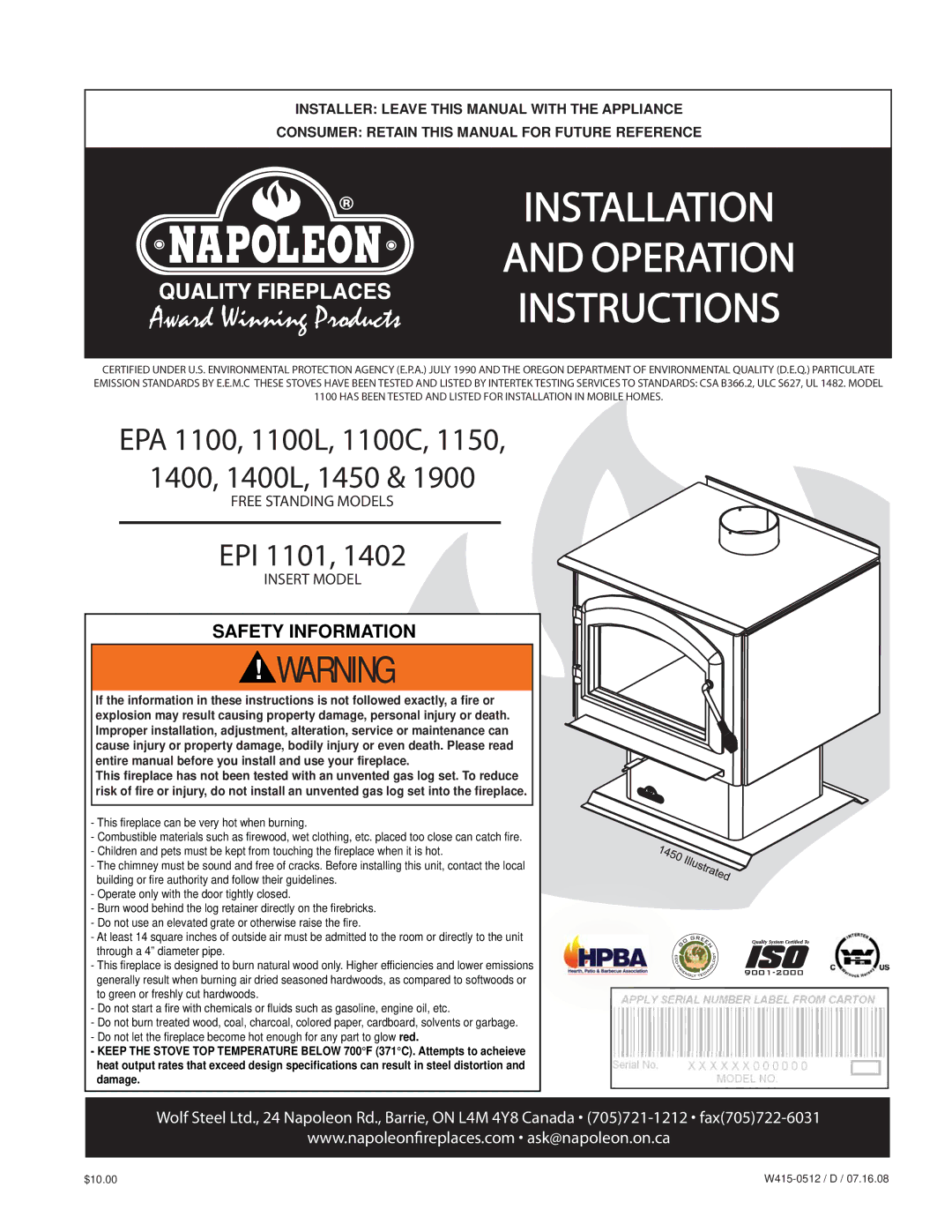 Napoleon Fireplaces EPA 1450 specifications Installation Operation Instructions 