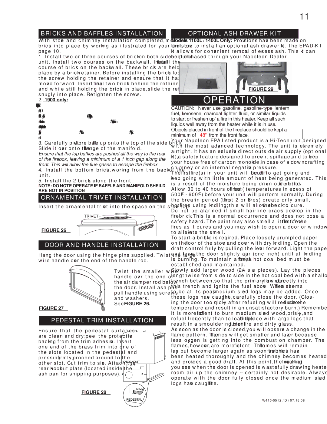 Napoleon Fireplaces EPA 1450 specifications Operation 