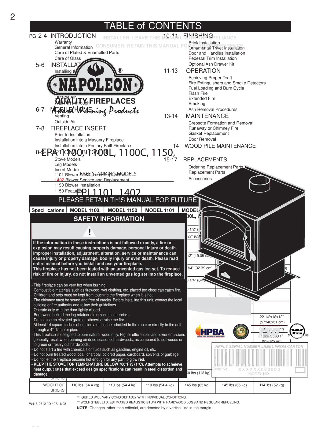 Napoleon Fireplaces EPA 1450 specifications Table of Contents 