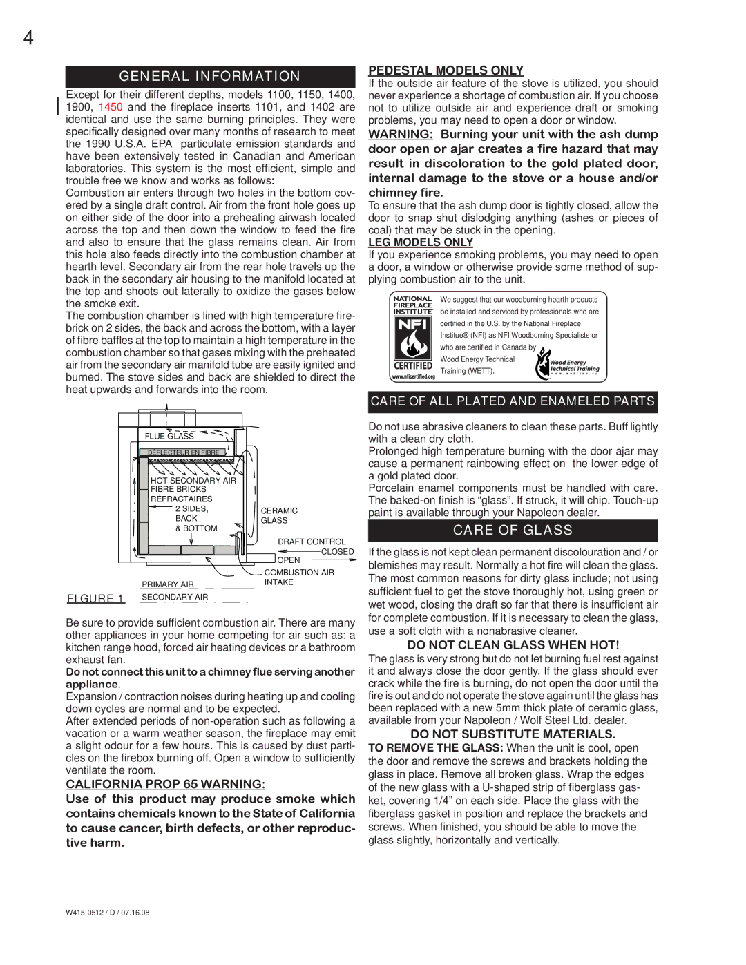 Napoleon Fireplaces EPA 1450 specifications General Information, Care of Glass, Care of ALL Plated and Enameled Parts 