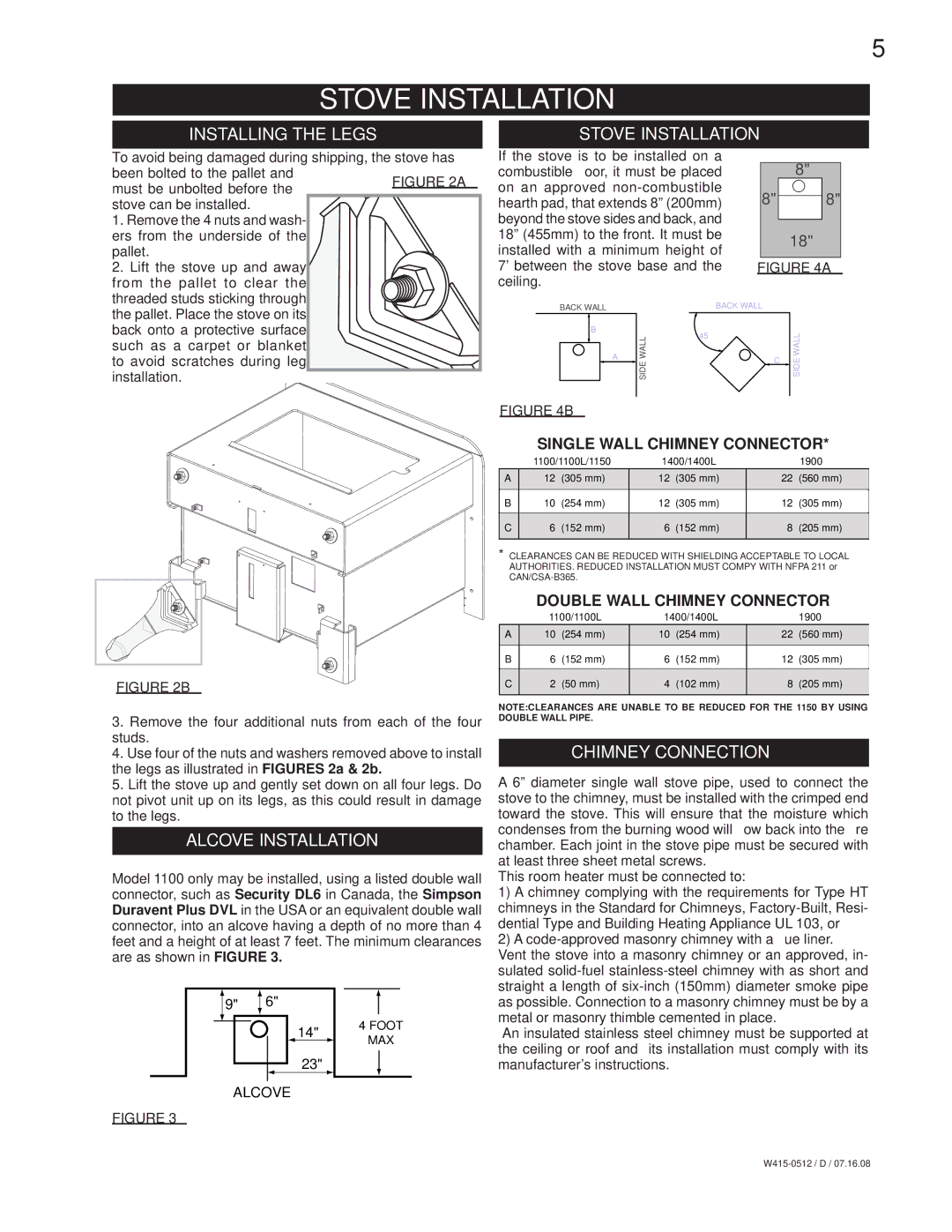 Napoleon Fireplaces EPA 1450 Installing the Legs Stove Installation, Alcove Installation, Chimney Connection 