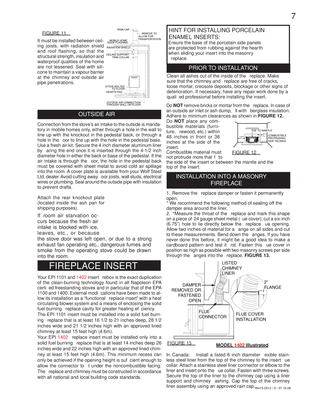 Napoleon Fireplaces EPA 1450 specifications Fireplace Insert, Outside AIR, Hint for Installing Porcelain Enamel Inserts 