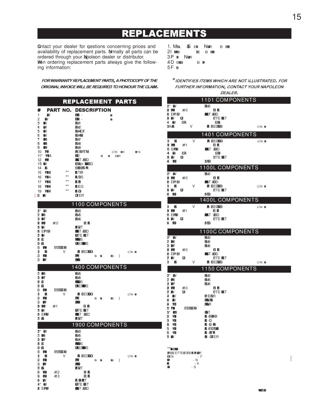 Napoleon Fireplaces EPI 1402, EPA1400L, EPA1900, EPA1150, EPA1100L, EPA1100C specifications Replacements, Replacement Parts 