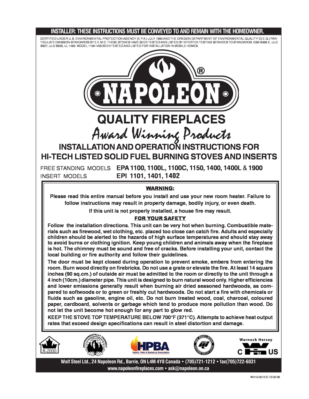 Napoleon Fireplaces EPA1400L, EPI 1402, EPA1900 specifications Installation And Operation Instructions For, For Your Safety 