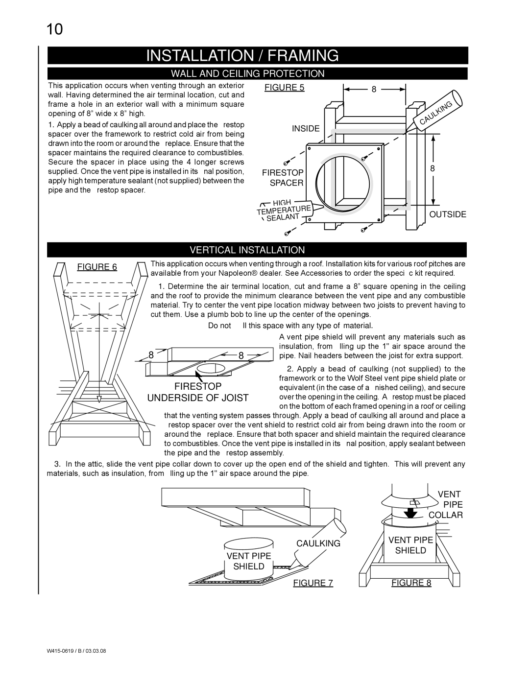 Napoleon Fireplaces GT8P, Fireplace, GT8N manual Installation / Framing, Wall and Ceiling Protection, Vertical Installation 