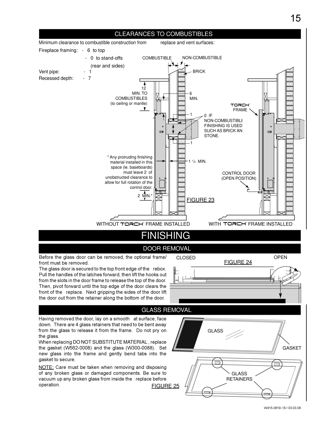 Napoleon Fireplaces Fireplace Finishing, Clearances to Combustibles, Door Removal, Glass Removal, Without Frame Installed 