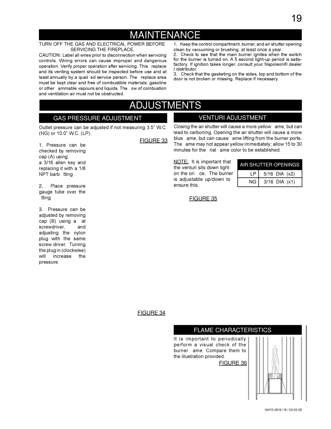 Napoleon Fireplaces GT8P Maintenance, Adjustments, GAS Pressure Adjustment, Venturi Adjustment, Flame Characteristics 