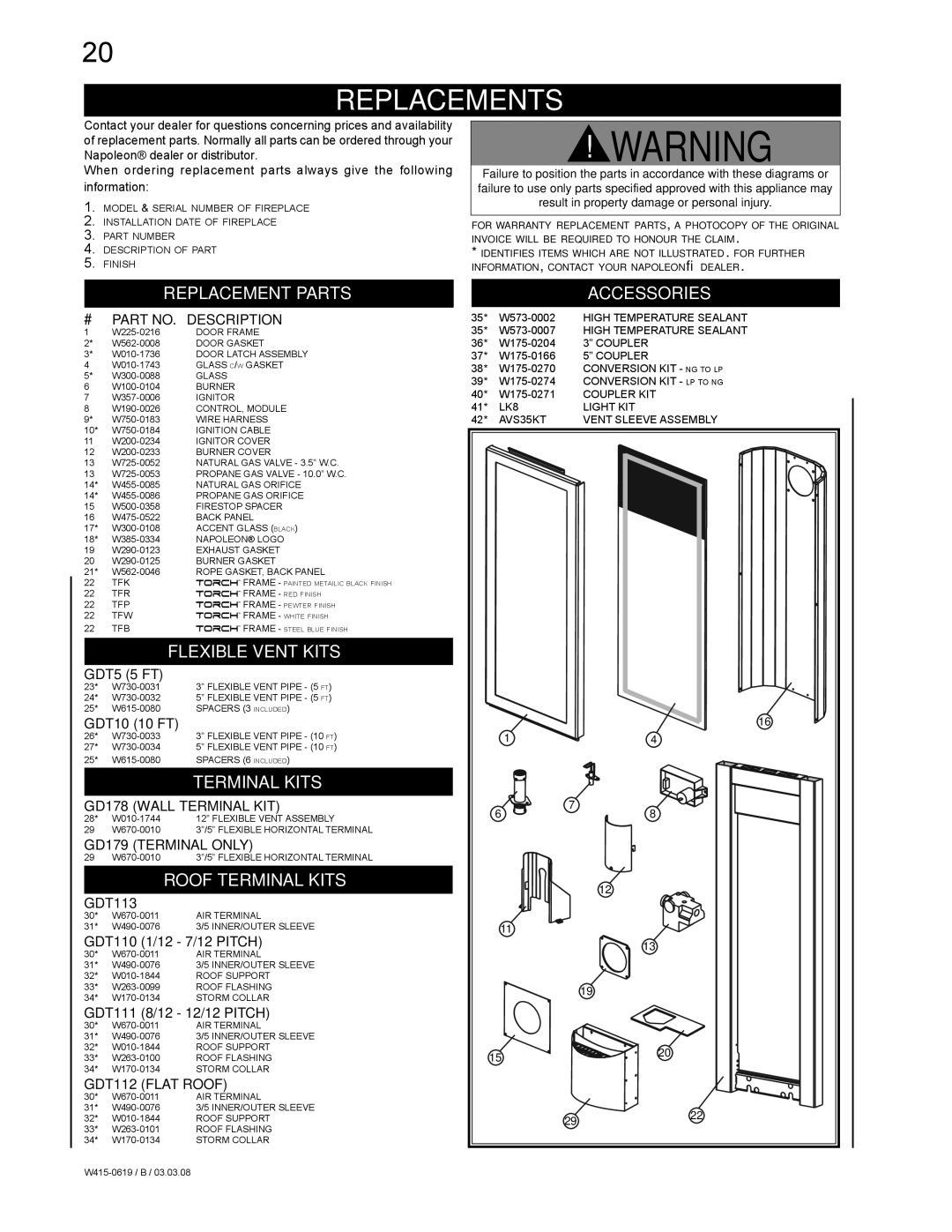 Napoleon Fireplaces GT8N, Fireplace, GT8P manual Replacements, Replacement Parts, Flexible Vent Kits, Accessories 