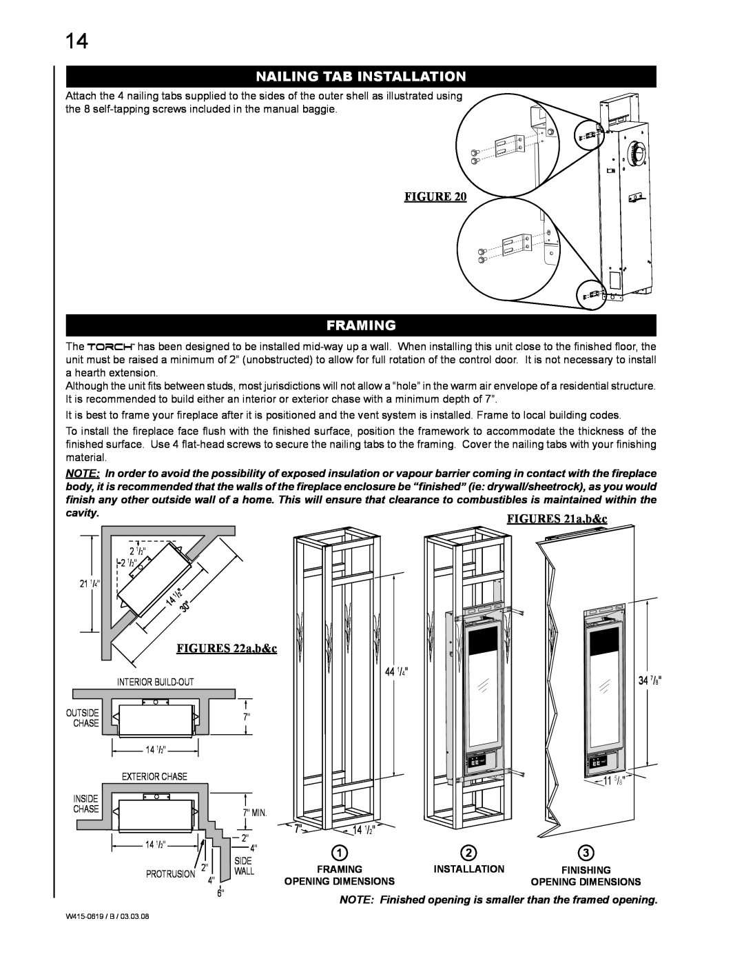 Napoleon Fireplaces GT8N, Fireplace, GT8P manual Nailing Tab Installation, Framing, FIGURES 22a,b&c, 34 7/8, 11 5/8, 14 1/2 